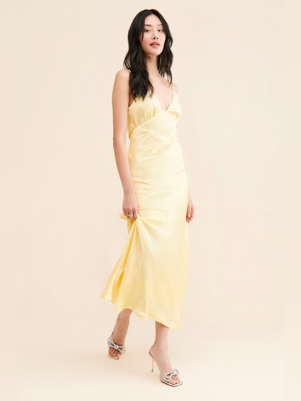 Bardot Capri Slip Midi Dress - Satin Yellow Motif